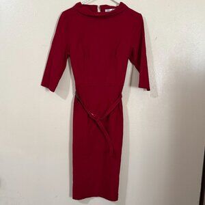 MUXXN , Sz M Red Plunge Cross Over Neck Waist Dress 3/4 Slveeves